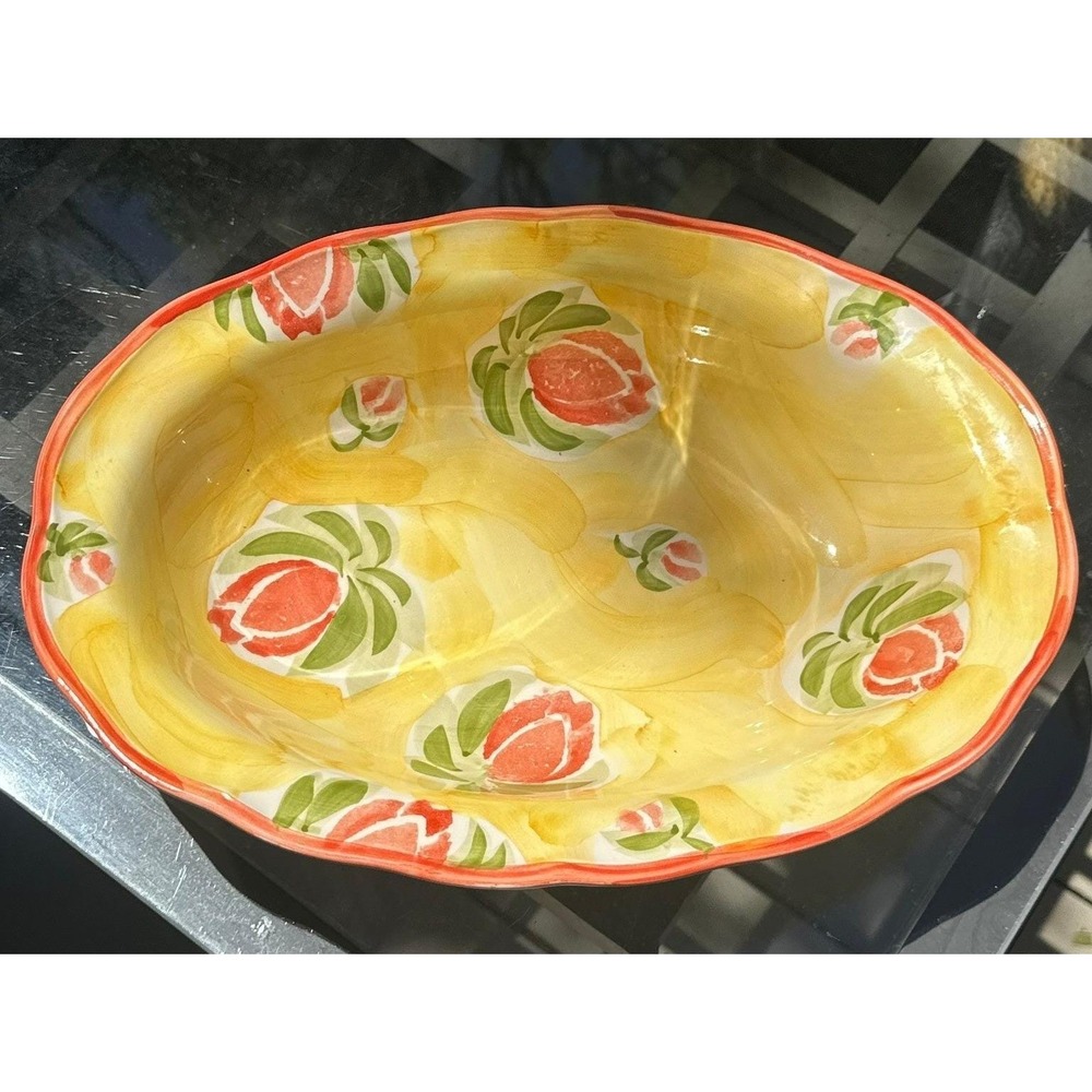 The Cellar Portugal Ceramic Oval Serving Bowl Yellow Tulip Floral Scalloped 13"